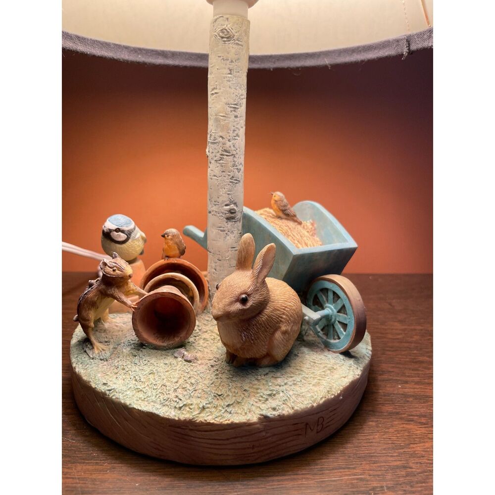Vintage Cottagecore Bunny Garden fun Rabbit Bird  Table Lamp Folk Art Shade